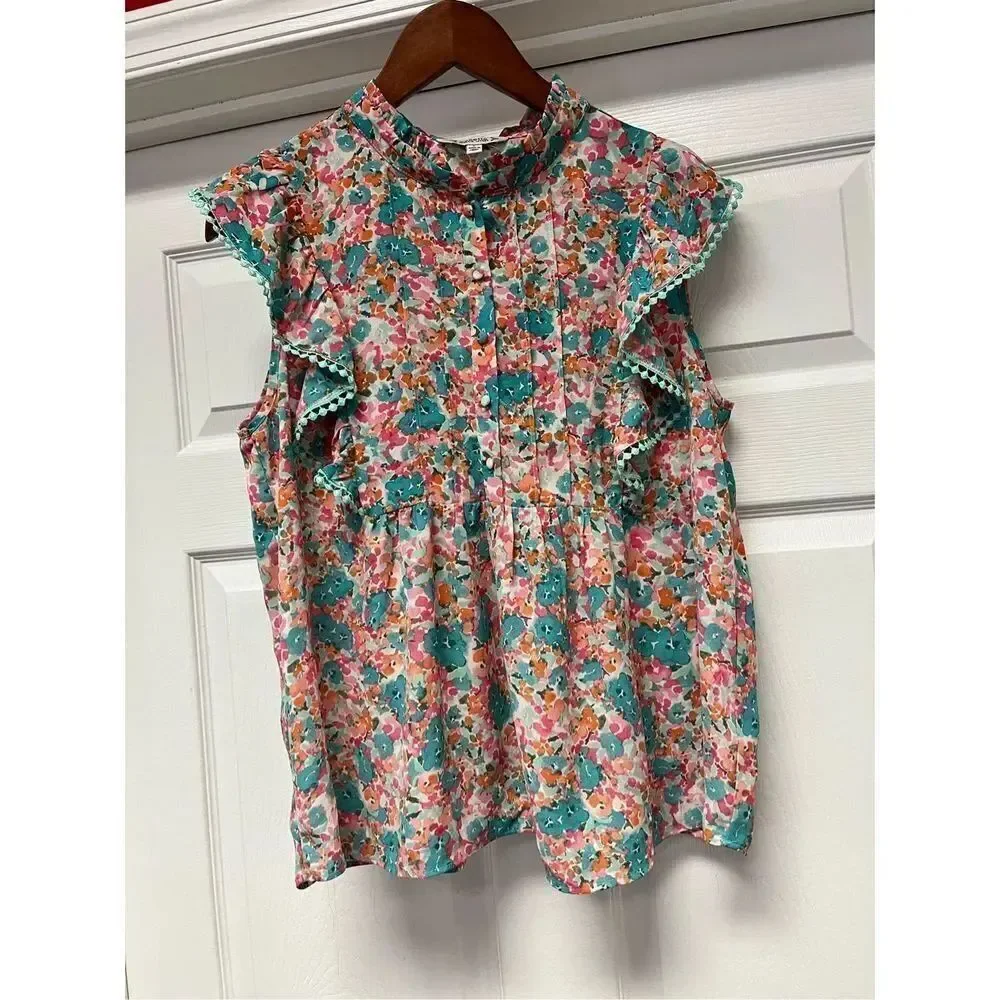 Nanette Nanette LePore Green & Pink Lace Dot Trim Romantic Blouse sz L EUC